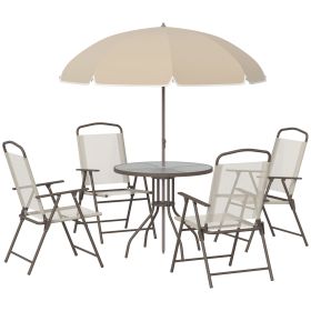 Outsunny 6-Piece Patio Dining Set with Umbrella, Folding Chairs & Glass Table, Beige - Outdoor Meal Setup