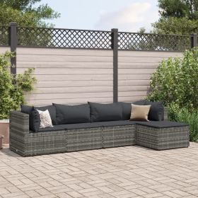 5 Piece Patio Lounge Set with Cushions Gray Poly Rattan