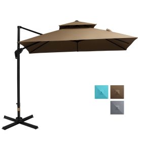 Outsunny 10ft Offset Patio Umbrella with Base, Double Top Hanging Aluminum Cantilever Umbrella with 360-degree Rotation, Easy Tilt, 8 Ribs, Crank